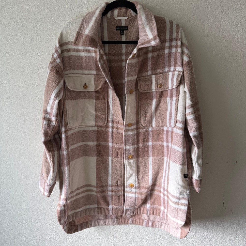 Banana Republic Womens Plaid Shirt Jacket Tan Cream Shacket Medium Pockets
